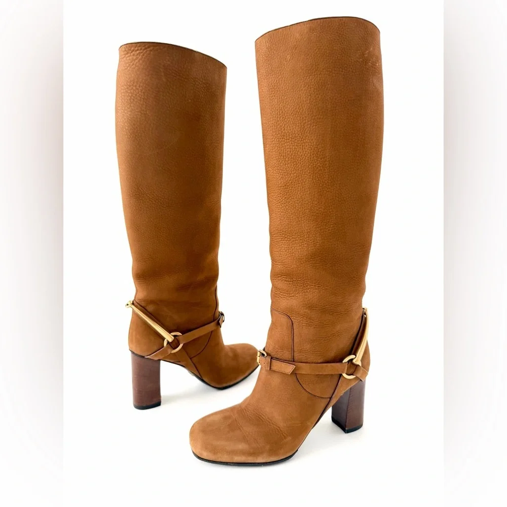 GUCCI | Vintage Brown Nubuck Horsebit Knee High Heel Boots Size 37 - Picture 2 of 16